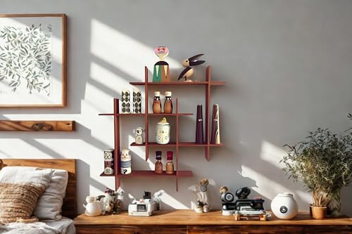 Image of Interlocking Wooden Wall Shelves Set of 1 Floating Wall Mounted Shelves for Home Decor | Storage Display Rack for Living Room, Bedroom & Office | Modern Wall Decoration Items (Brown)