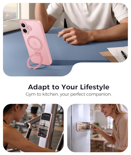 Image of FNTCASE for iPhone 16 Plus Case: [360 Spin Magnetic Stand] [Compatible with Magsafe] [Screen Protector] Translucent Matte Military Grade Shockproof Full Camera Protective Phone Cover - Pink