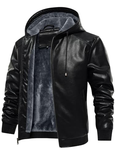 Uusollecy Winterjacke Herren Lederjacke Warm Gefüttert Kunstlederjacke Mit Kapuze, Winddicht Outdoor Motorradjacke Mit Reißverschluss, Schwarz XXL