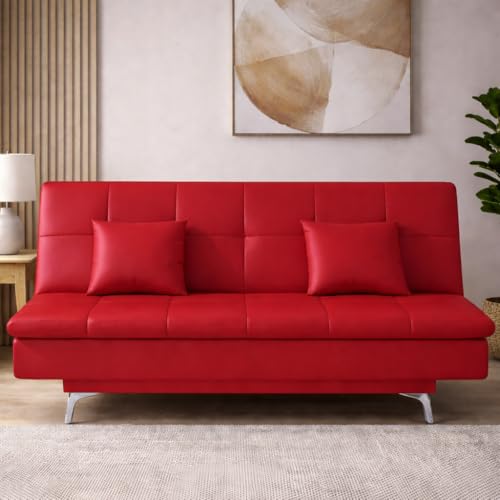 Image of Casaliving Danny 3 Seater Sofa Cum Bed Leatherette Fabric (Red) with Two Cushions Perfect for |Home Living |Office Room and Guest Room Premium Sofa