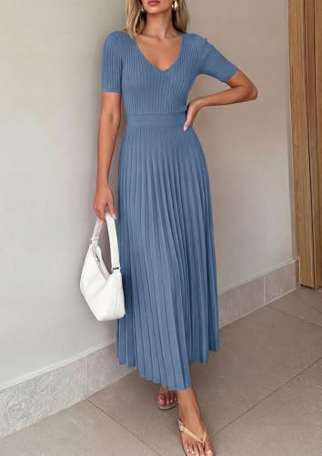 Image of PRETTYGARDEN Women's 2026 Spring Midi Sweater Dresses Elegant Pleated Ribbed Knit Short Sleeve V Neck A Line Summer Outfits