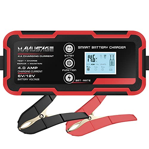 Manusage 4-Amp Fully-Automatic Smart Charger, 6V and 12V Portable Automotive Car Battery Charger, Battery Maintainer, Trickle Charger,Battery Desulfator with Temperature Compensation, AGM,Deep Cycle