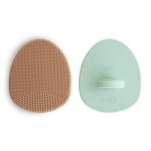 Image of mushie Baby Bath Cradle Cap Brush | Soft Silicone Bristles for Dry Skin, Eczema, & Cradle Cap Treatment | 2-Pack (Natural/Cambridge Blue)