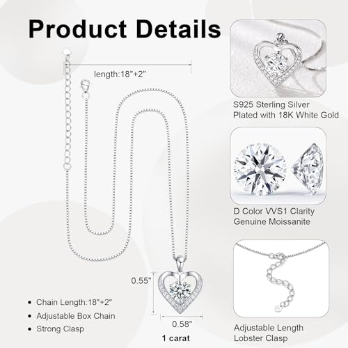 Image of Moissanite Necklace for Women, Heart Pendant Engraved 'I Love You' Gifts for Wife, Valentine's Day Gift Anniversary Eternity Birthday Present Sterling Silver Jewelry for Her