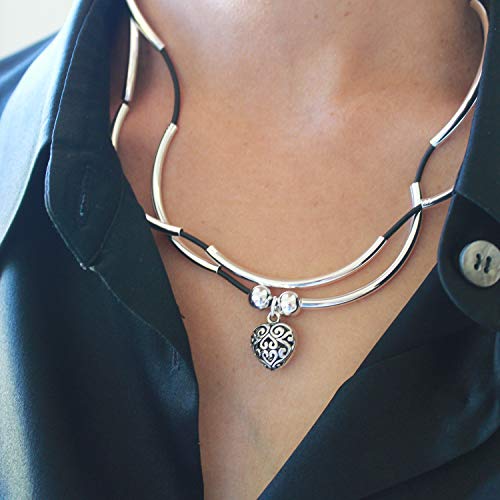 Lizzy James Girlfriend Silver Charm Bracelet Necklace W Puffed Heart Charm In Natural Black Leather (Large) #TOP2