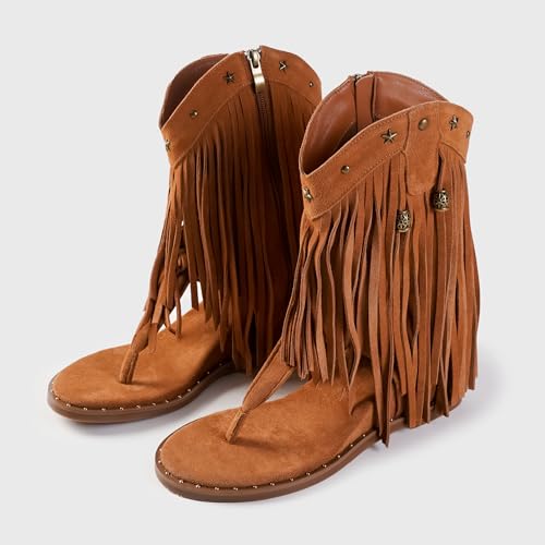 Image of Women's Bohemian Tassel Gladiator Sandals Brown Suede Thong Flip Flops for Fringe Summer Wedge Heel Sandal with Rivets Western Shoes