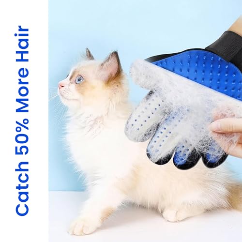 Image of Blue Pet Hair Remover Gloves - 1 Pair, Pet Grooming Gloves | Cat Hair Remover | Gentle Deshedding Brushes for Dogs, Cats & Horses | Dog Washing Gloves