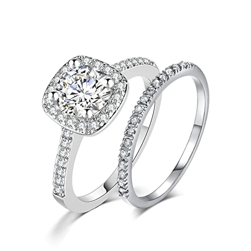 CEJUG 18K White Gold Plated Cubic Zirconia Two-in-One Halo Wedding Bands Engagement Promise Eternity Rings for Women Size 4-12