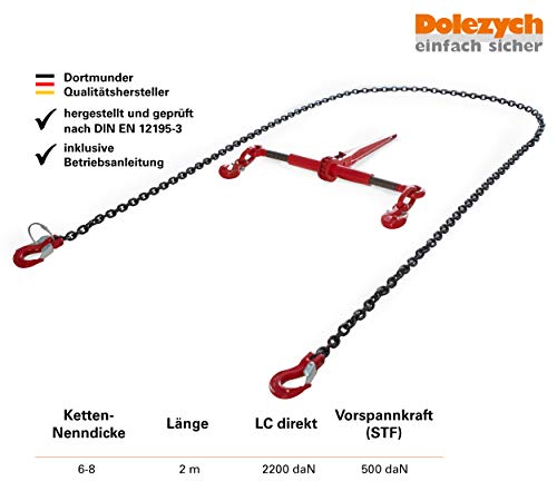 Dolezych Zurrkette mit Gabelkopfhaken und Ratschenlastspanner (mit Verkürzungshaken), 2000 dAN Direct Zurrkapazität, 2,00 m Länge, Rot/Schwarz