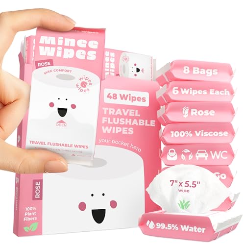 Image of Impossibly Compact Travel Flushable Wipes - 99.5% Water and Aloe - Safe for Sensitive Skin - Travel Essentials for Adults & Kids, Rose, 8 Pack 48 Wipes