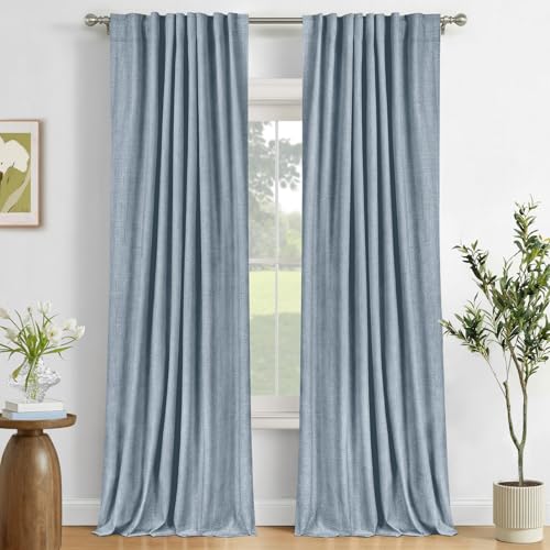 Image of 100% Blackout Shield Dusty Blue Linen Blackout Curtains for Bedroom 102 Inches Long, Back Tab /Rod Pocket Living Room Drapes, Thermal Insulated Blackout Curtains 2 Panels Set, 50 inch W x 102 inch L