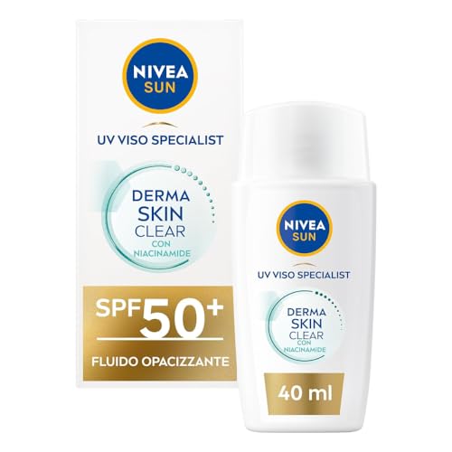 NIVEA SUN Derma Skin Clear FPS 50+ Crema solar de 40 ml, protector solar con complejo antiabolladuras + niacinamida, SPF 50+, líquido facial ultraligero
