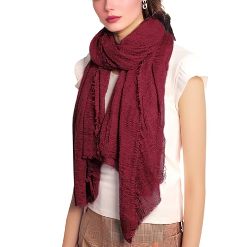 Unisex Cotton Blend Crinkle Vintage Soft Scarf with Fringed Edges 35" × 70"3