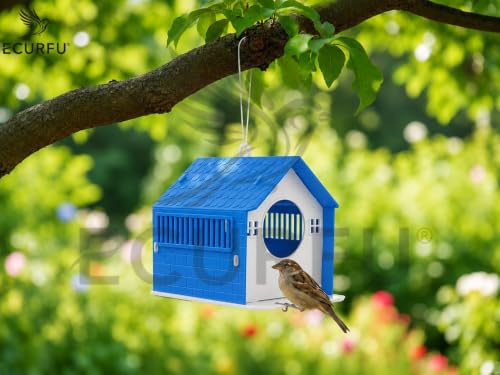 Image of Ecurfu Sparrow House for Balcony & Garden | Hanging Bird Nest with Feeding Tray | Bird House for Sparrows & Small Birds