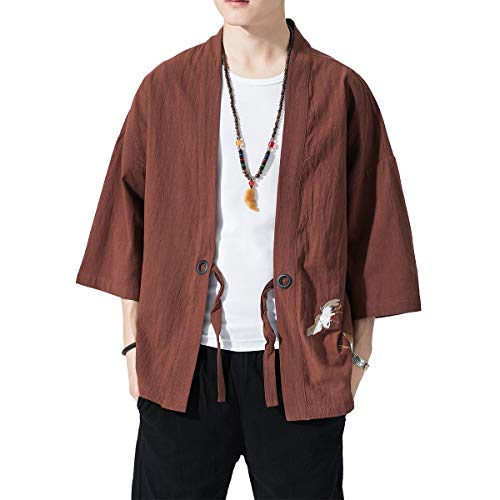 Image of PRIJOUHE Men's Kimono Jackets Cardigan Lightweight Casual Cotton Blends Linen Seven Sleeves Open Front Coat Outwear