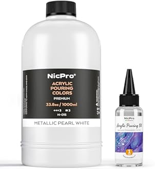 Nicpro White Metallic Pearl Color Acrylic Pour Paint, 33.8 Ounce Pre-Mixed Pouring Paint Supplies with Silicone Pour Oil for Canvas, Rock, Wood Cell Creation Flow DIY Art Painting, Ready to Pour