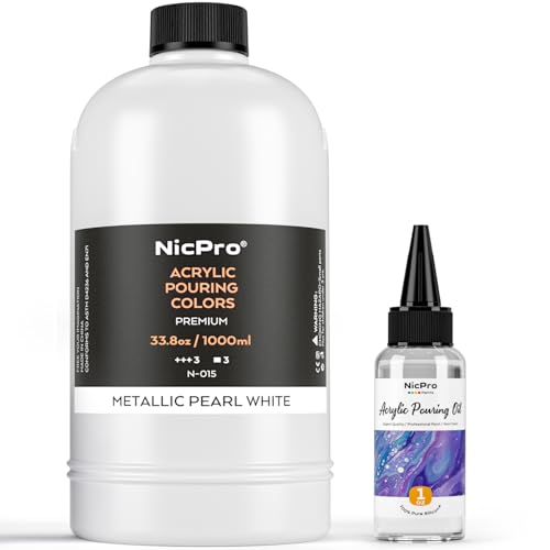 Nicpro White Metallic Pearl Color Acrylic Pour Paint, 33.8 Ounce Pre-Mixed Pouring Paint Supplies with Silicone Pour Oil for Canvas, Rock, Wood Cell Creation Flow DIY Art Painting, Ready to Pour
