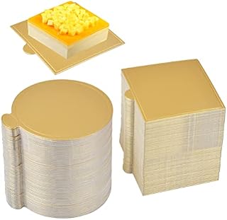 200PCS Mousse Cake Boards,Reusable Gold Mini Cake Dessert Display Tray,Cake Drum Cardboard Cake Base Paper Plates Dessert Base for Wedding Birthday ( Round+Square)