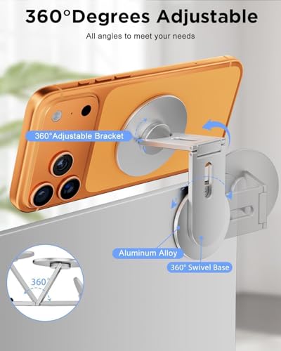 Image of RIGGEAR Magnetic Phone Mount for Laptop /Monitor /Floating Car Screen, Mobile Holder Compatible with Magsafe for MacBook, Foldable Adjustable Mount, Works with All Phones Using Included Ring(Silver)