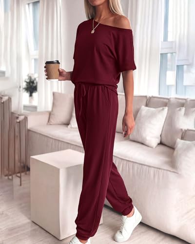 Zenlonr Women Summer 2 Piece Outfits 2026 Off Shoulder Short Sleeve Tops Elastic Waist Drawstring Long Pants Tracksuit(Wine Red,Large) — view 3