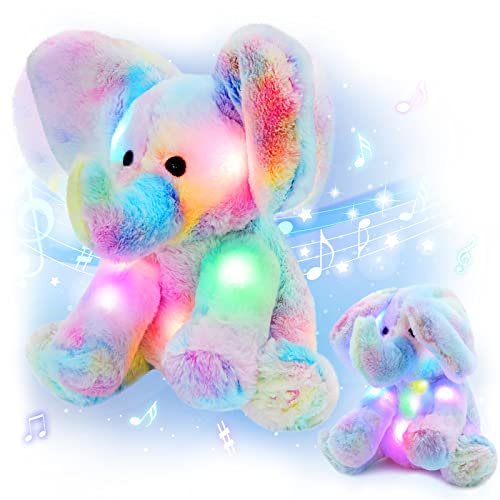 Glow Guards 12â€™â€™ Peek-A-Boo Light up Musical Electric Elephant Rainbow Plush Soft Toy Stuffed Animal Lullaby Night Light Interactive Talking Doll Christmas Holiday Birthday Gifts for Toddler Kids