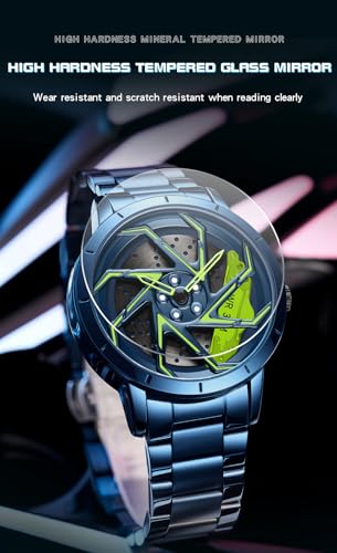Image of FANMIS Men's Racing Car Wheel Watch 3D Spinning Dial Stainless Steel Watch | Creative 3D Spinning Car Quartz Large Skeleton Face and 30M Water Resistance Designed for Car Fans and Daily Wear.