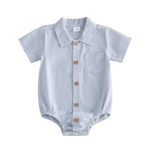 Image of Sasaerucure Newborn Baby Boy Clothes Turndown Collar Striped Long/Short Sleeve Romper Button Up Jumpsuit Shirt Bodysuit