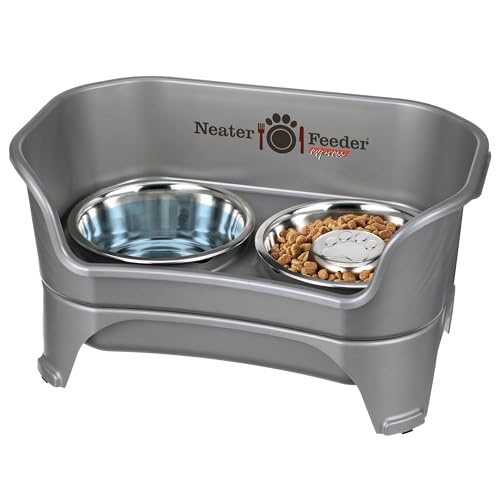 Neater Feeder - Express Model w/ Slow Feed Bowl - Mess-Proof Dog Bowls (M/L, Grey) Made in USA – Elevated, No Spill, Non-Tip, Non-Slip, Raised Stainless Steel Food/Water Pet Bowls Aid Digestion