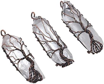 JSDDE Natural Crystals Stone Necklace Tree of Life Wire Wrapped Clear Quartz Healing Crystal Gemstone Necklaces for Women