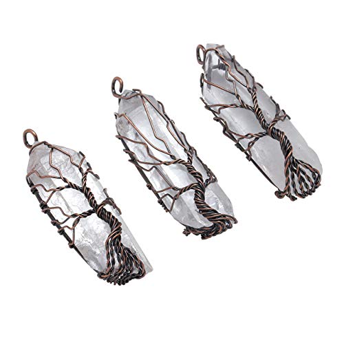 Vadiforest Natural Clear Quartz Crystal Pendant Necklace Bronze Copper Wires Wrapped Tree Of Life Pendant Reiki Irregular Healing Stone Necklace Men Women Jewelry For Meditation Energy Balancing Gift #TOP5
