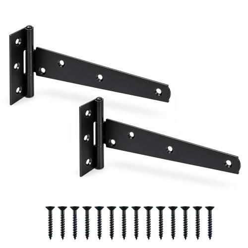 Garden Gate Hinges for Wooden Shed - 6 Inch 2Pcs Weather & Rustproof Powder Coating Metal Tee Strap Black Door Hinges for Garden Shed Window Fence and Barn Gates