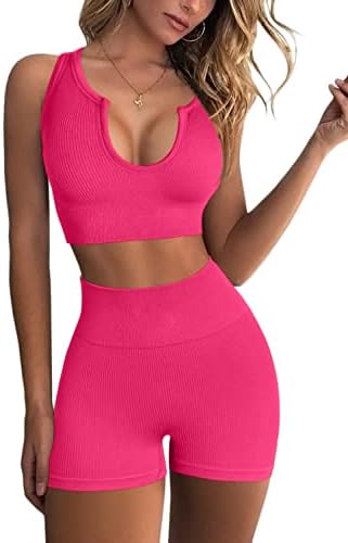 QINSEN Seamless Workout Sets for Women Ribbed Sport Bra High Waist Running Shorts Gym 2 Piece Yoga Sets (S, Rosy)