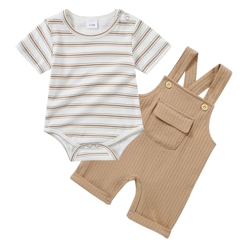 Image of CARETOO Newborn Baby Boy Clothes Infant Boy Romper Fall Winter Outfits Bodysuit 2Pcs Striped Long Sleeve Top Overalls 0-18M