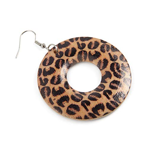 Bohemian Geometric Natural Wood Statement Earrings - Ethnic Wooden Bead Hoops, Diamond Drops, Filigree Leaf, Teardrop, Moroccan Dangles (Leopard Print - Hoop Dangle Leopard) #TOP1