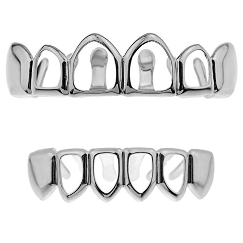 Four Open Face Tooth Grillz Set Top & Bottom Row Teeth Silver Tone Hip Hop Mouth Grills