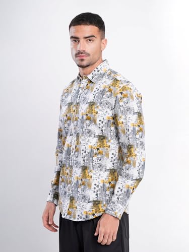 Image of BENE KLEED Men Grey and Mustard Abstract Print Slim Fit Shirt(BOMCF458SL53-6351B White /Mustard M)