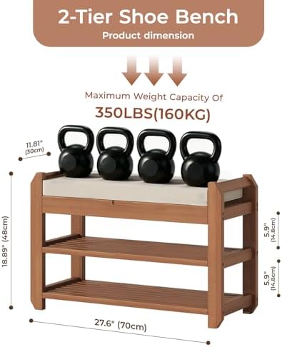 ACSWOD 27.6" Bamboo Shoe Bench with Cushion, 2-Tier Storage Bench for Entryway, Heavy Duty Shoe Rack Organizer with Removable Soft Cushion for Living Room Bedroom Hallway - 1