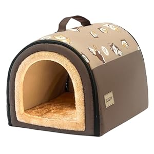 Jiupety Cozy Small Pet Dog House, 2 in 1 Puppy House, S Size for Cat and Puppy, Warm Cave Sleeping Nest for Cats and Dogs, S(14″×12″×11″), Up to 5 Lb, Brown