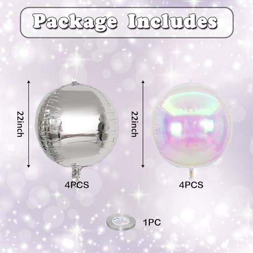 Image of 8 Pcs Silver Balloons and Iridescent Round Foil Balloons Holographic Metallic Silver 4D Ball Balloon Ornament Balloon for Birthday Grad Anniversary Prom Mermaid Under The Sea Disco Party Decor