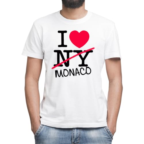 I Love Monaco Camiseta Blanco Clásica de Hombre con Cuello Redondo y Manga Corta Medium