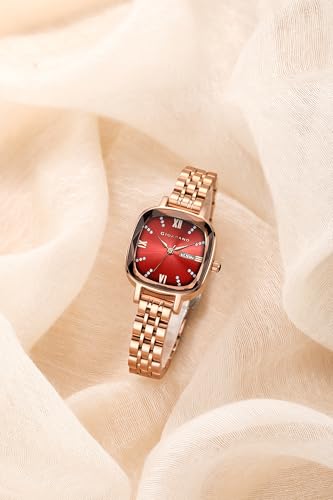 Image of Giordano Elegant Square Rose Gold Watch for Women - Crystal & Roman Hour Markers, Day-Date Display, Stainless Steel Strap