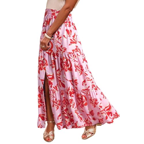 Flowy Maxi Skirts for Women A Line Boho Skirt with Split Tiered Midi Skirt High Waisted Long Skirt Floral Skirts