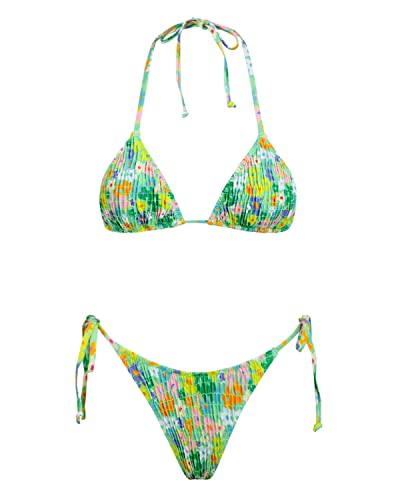 Image of Women's Triangle Bikini Set String Swimsuit Print Tie Smocked Ruched Two Piece Bathing Suit