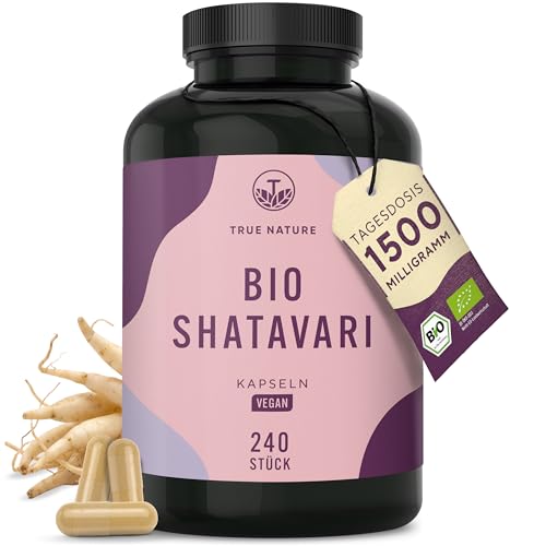 BIO Shatavari Kapseln - 240 Stück | 1500mg pro Tag - 500mg pro Kapsel | Shatavari Pulver in Bio-Qualität - Asparagus Racemosus - Ayurveda für Frauen - Vegan Deutsche Produktion - TRUE NATURE