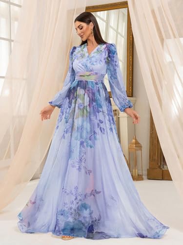 Image of TOLEEN Summer Casual Dresses for Women 2024 Spring Fashion Boho V Neck Long Sleeve Ruffle Floral Print Elegant Maxi Dress