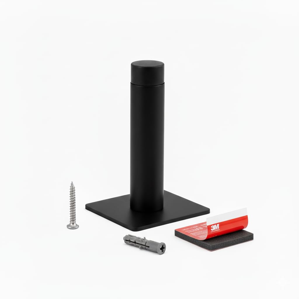 Affixers Black 3M Self Adhesive Door Stop, 2-In-1 Installation With Tape Or Screws, Floor And Wall Mounted Door Stopper With Noise Dampening Rubber, Door Stoppers (, Pack Of 1-Lds)