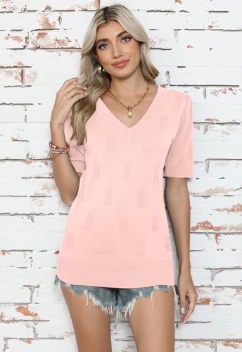 Image of Yincro Womens Short Sleeve Sweaters Fall Summer Tops V Neck Lightweight Knit Pullovers