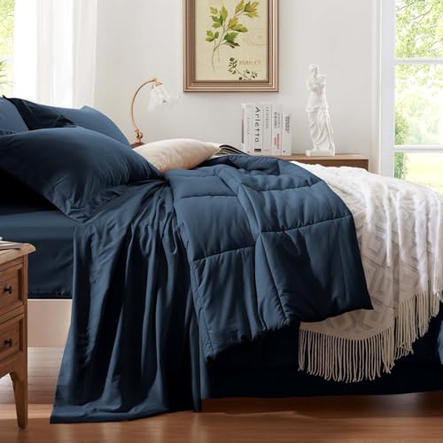 Anluoer Twin Size Bed in a Bag 5 Pieces, Navy Blue Bed Comforter Set with Sheets, All Season Bedding Sets with 1 Comforter, 1 Pillow Sham, 1 Pillowcase, 1 Flat Sheet, 1 Fitted Sheet