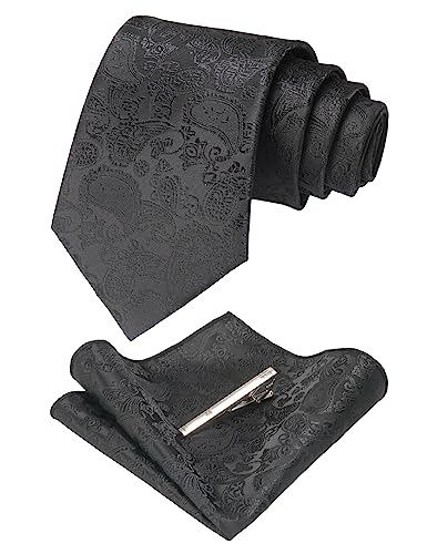 JEMYGINS ganz schwarz 2 krawatte Paisley Seide Herren Krawatten und Einstecktuch mit krawattenklammer Sets