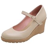 Lroey Reoly Zapatos Merceditas con Tacón de Cuña para Mujer, Bombas de Tacón Alto Punta Rojoonda Hebilla Vestido Pumps con Plataforma Clásica Nwavcm Albaricoque Talla 39 EU